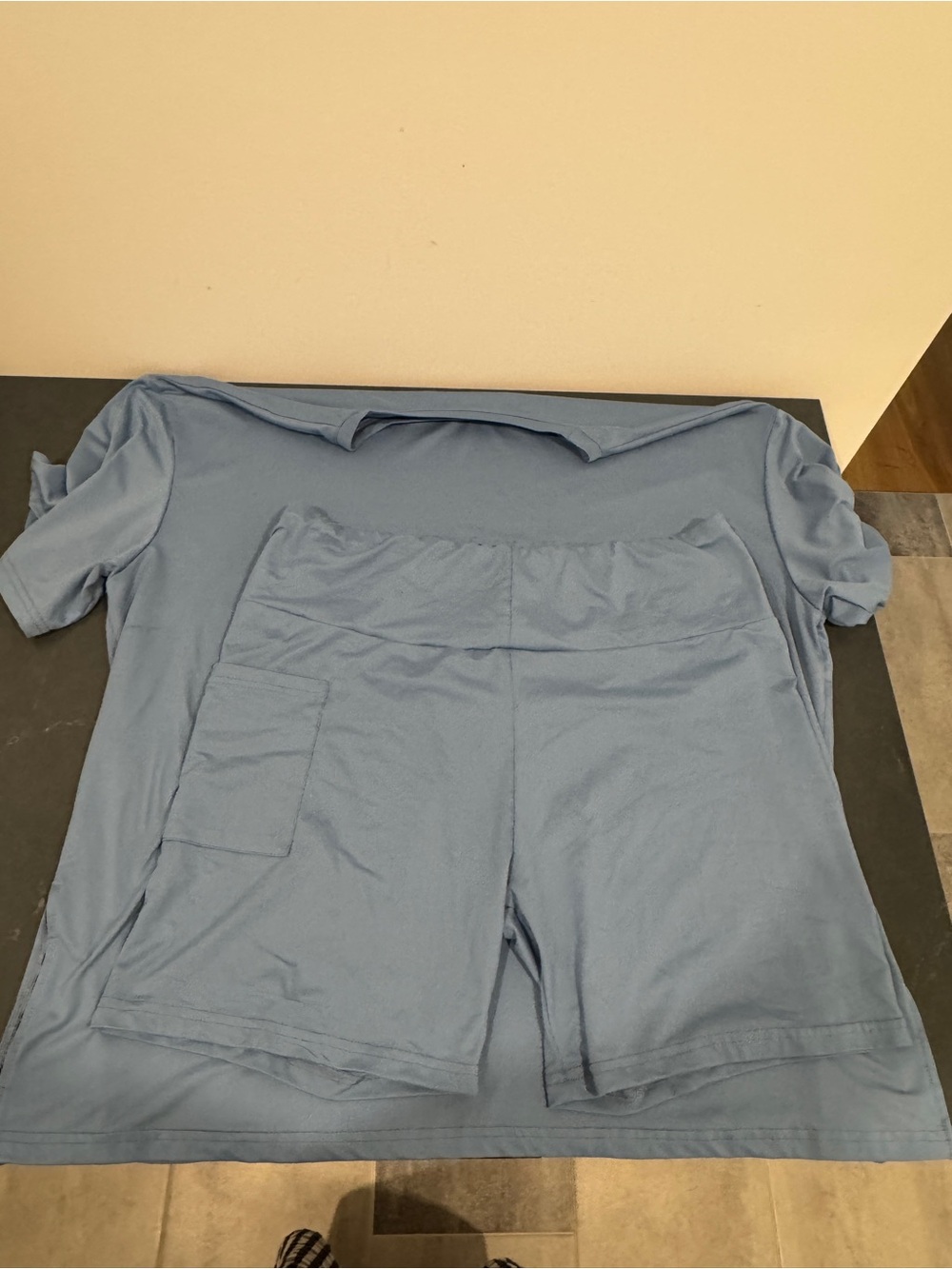 Light Blue and Black Two-Piece Lounge Sets - Short Sleeve Tops & Shorts